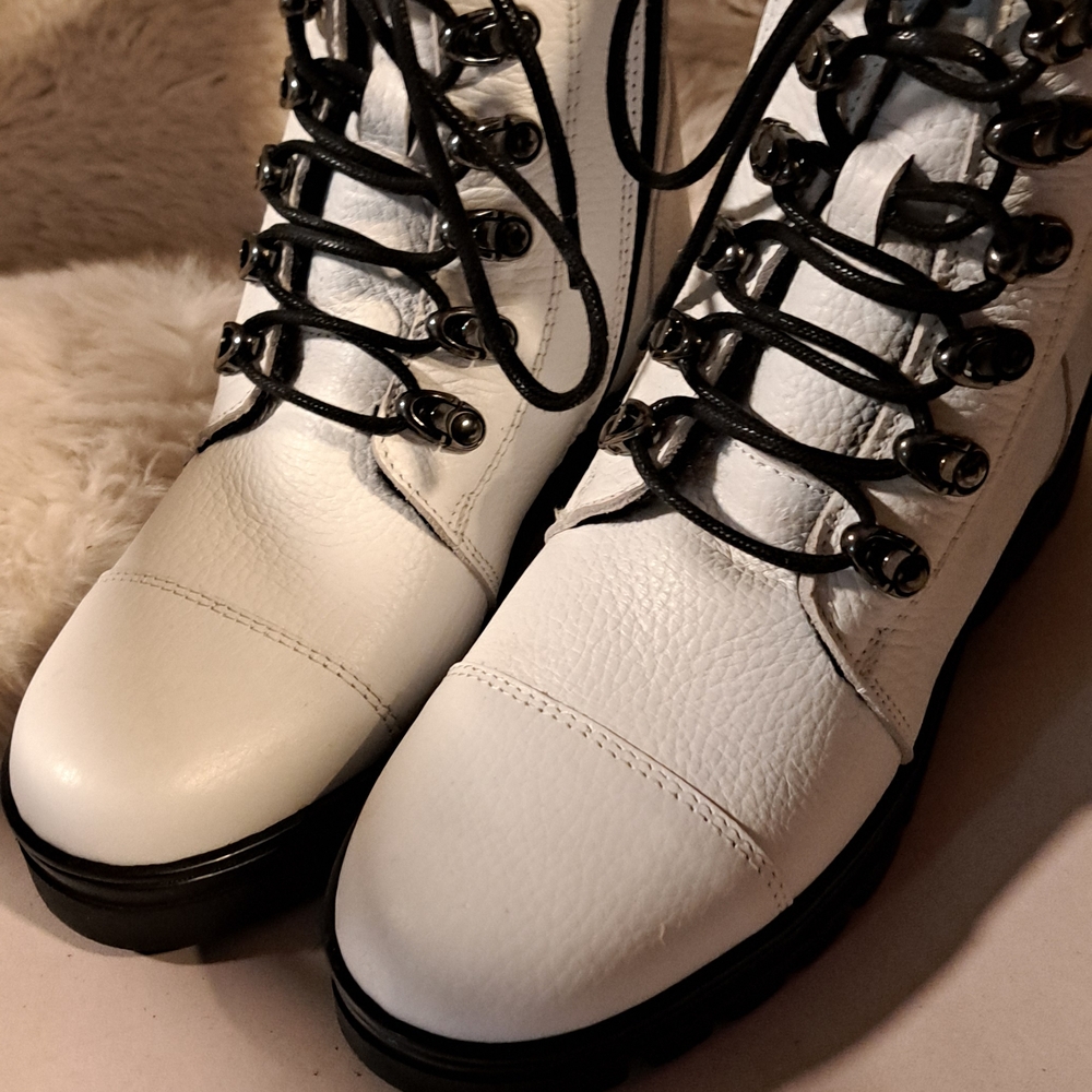 Elegant White Leather Combat Boots
